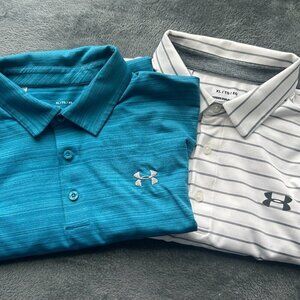 2 Men's Under Armour Polo Size XL EUC Blue and White n& Gray Stripes